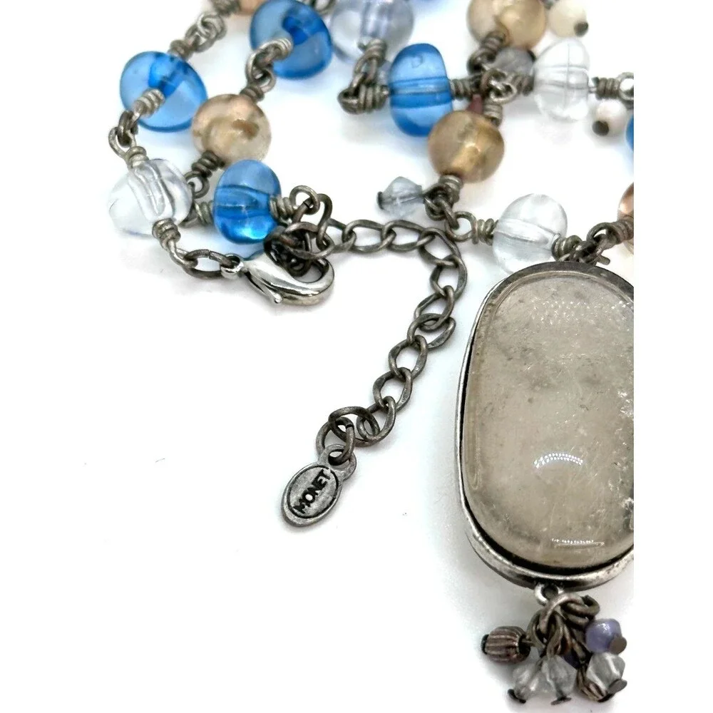 Vintage Monet Quartz Pendant Pastel Beaded Necklace Blue Peach